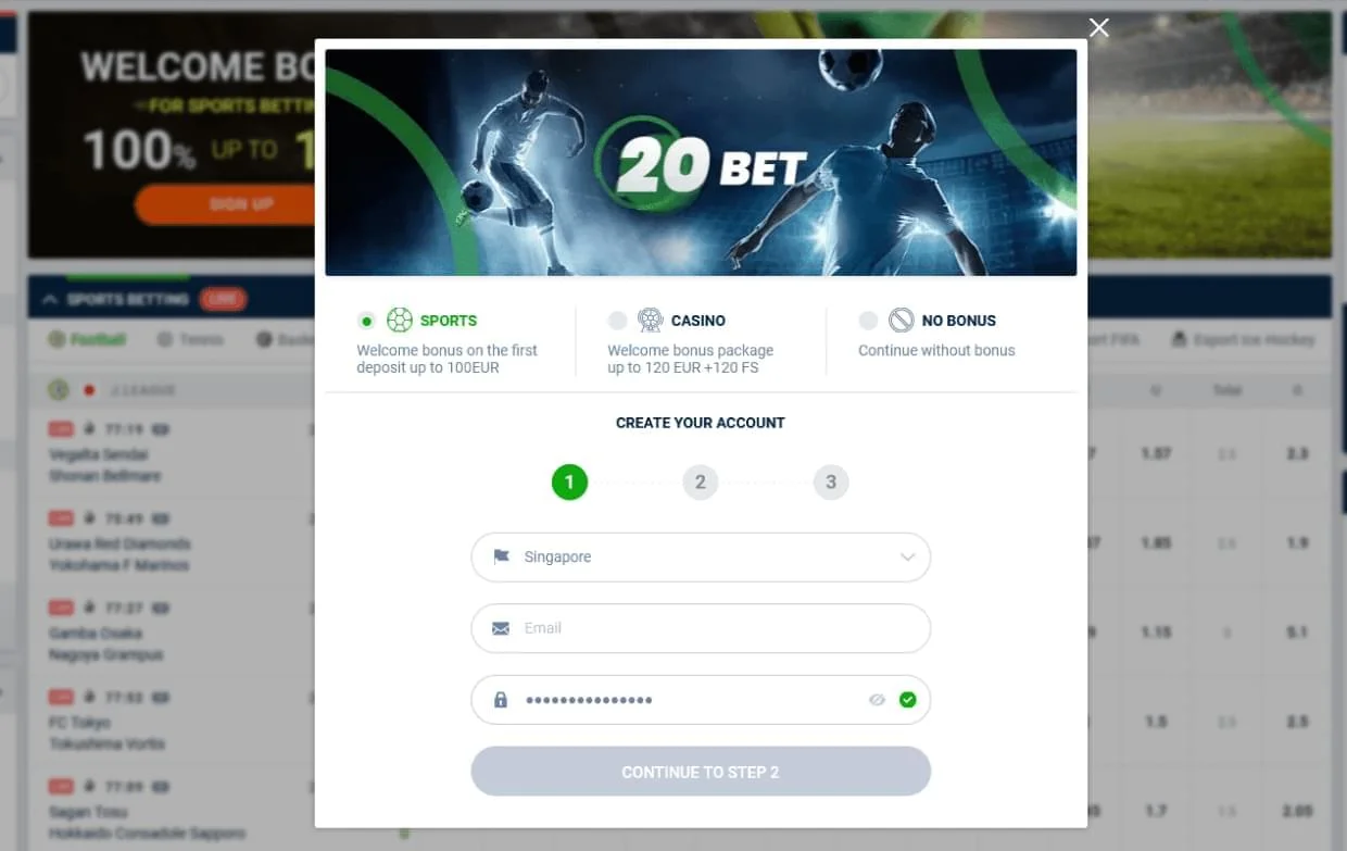 20Bet ขั้นตอนการลงทะเบียน
